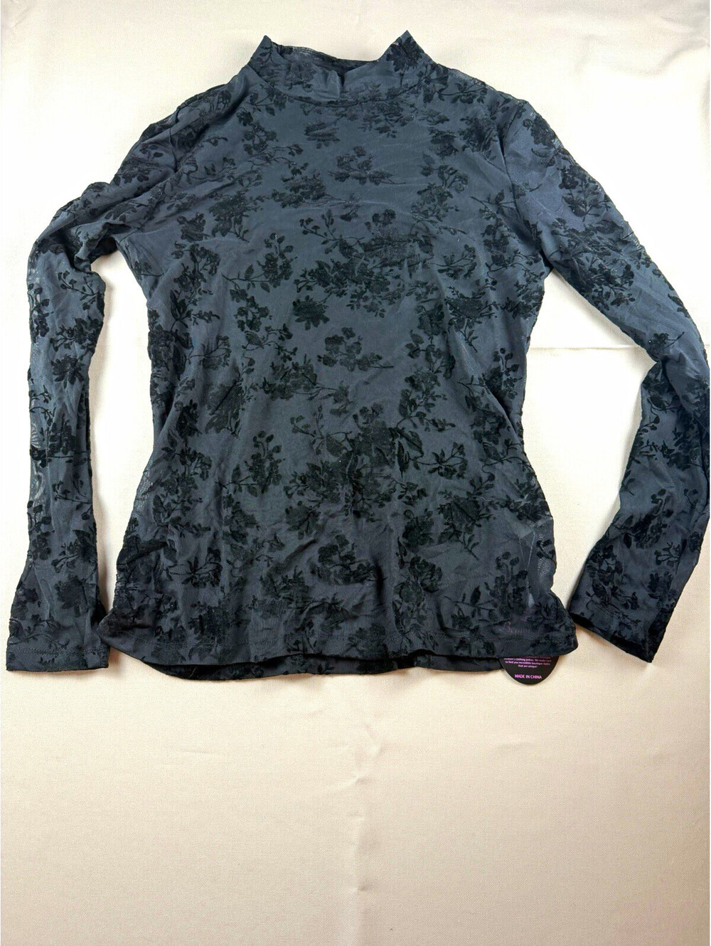 BemorRun Gray Black Floral Flocked Mesh Sheer Stretch Mock Neck Top Women’s M - Picture 1 of 7